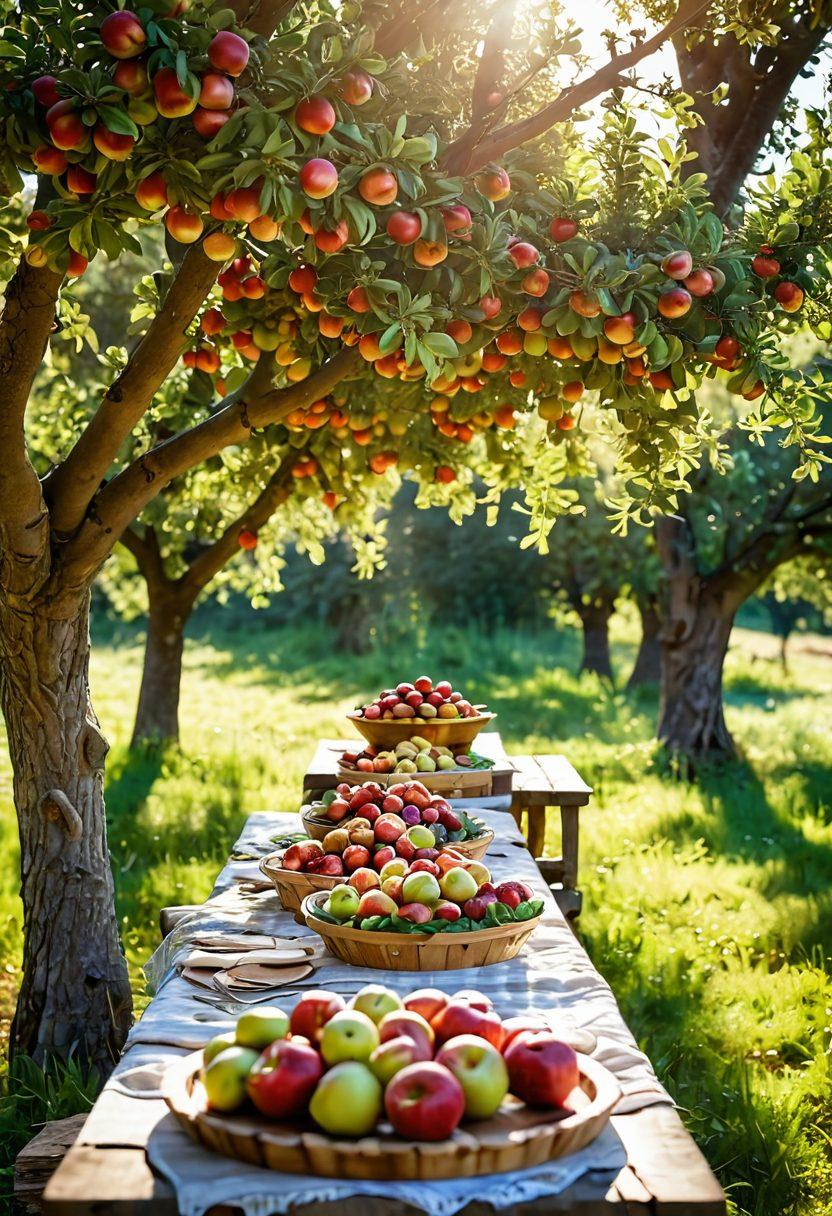 A beautiful, sunlit orchard filled with ripe apple trees, showcasing various colorful apples hanging from the branches. A rustic wooden table laden with delicious apple dishes, such as pies, salads, and fresh slices, surrounded by green foliage. Soft sunlight streaming through the leaves to create a warm and inviting atmosphere. The scene conveys a sense of freshness and farm-to-table goodness. vibrant colors. super-realistic.