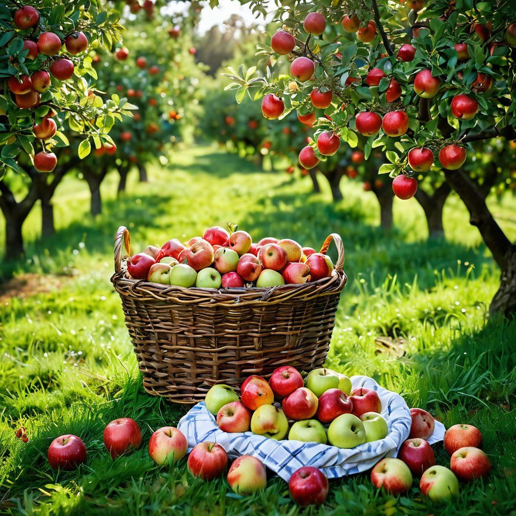 A vibrant orchard filled with ripe, shiny apples in various shades of red, green, and yellow, surrounded by lush green leaves. In the foreground, a wooden basket overflowing with freshly picked apples, with a sparkling water droplet on each fruit, conveys freshness. A soft sunlight filters through the trees, creating a warm and inviting atmosphere. In the background, a winding path leads through the orchard, encouraging exploration. whimsical illustration. vibrant colors. natural light.