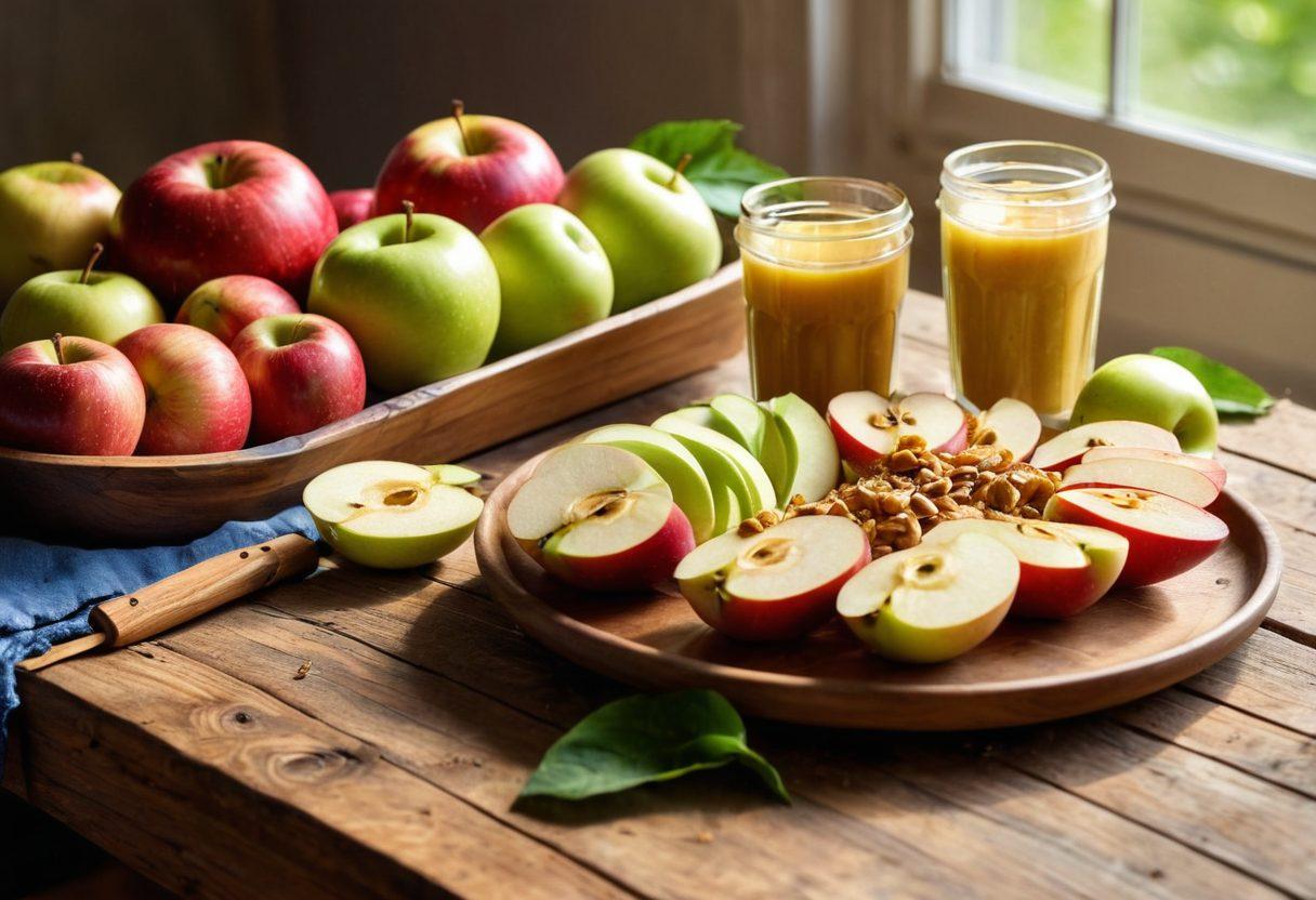A vibrant still life composition featuring a variety of creatively prepared apples, such as apple slices with nut butter, a colorful apple salad, and apple-infused smoothies. The setting includes a rustic wooden table with fresh green leaves in the background to emphasize healthiness. Bright sunlight casts gentle shadows, highlighting the textures and colors of the apples. Cozy and inviting atmosphere suggesting a lifestyle of healthy indulgence. super-realistic. vibrant colors. natural lighting.
